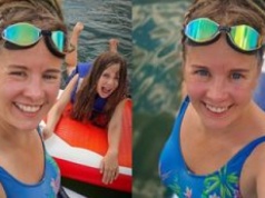 Anna Powierza w stroju kąpielowym przemierza jezioro z córką i zabawia wierszem: 