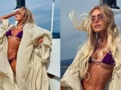 Julia Dybowska z fryzurą czesaną przez wiatr prezentuje ekstremalnie szczupłą sylwetkę na pokładzie luksusowego jachtu