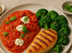 Brudzące białe bluzki spaghetti - krem z pieczonych pomidorów, ricotty i bazylii z grillowanym kurczakiem i brokułami