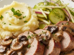​Polędwiczki wieprzowe w sosie grzybowym – z ziemniaczanym purée i ogórkową surówką, czyli klasyka jesiennego obiadu