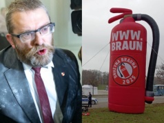 Grzegorz Braun alarmuje, że narodowcy zabrali jego wielką, czerwoną, dmuchaną gaśnicę