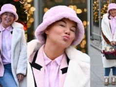 Rozpromieniona Edyta Górniak przechadza się przed siedzibą Polsatu, dźwigając kosz z łakociami (ZDJĘCIA)