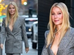 Pozbawiona stanika Gwyneth Paltrow maszeruje do studia 