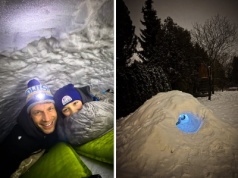 Tomasz Wolny spędził z synem noc w igloo. Sami je wybudowali. WIDEO i ZDJĘCIA