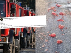 Strażacy przyjechali sprawdzić "rozżarzone węgle" na środku jezdni, które okazały się rozrzuconymi pomidorami
