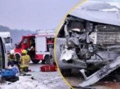 Zderzenie busów na oblodzonej drodze. 9 osób rannych, w tym dzieci