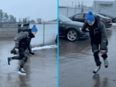 Droga była całkowicie zamarznięta, do pracy dostał się na łyżwach. Nagranie hitem sieci