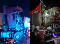 Najechanie „stonogi” na wóz strażacki – zderzenie przy bramie ratunkowej na A1