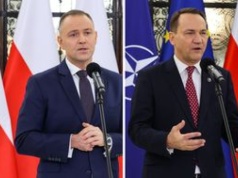 Sikorski uderza w Nawrockiego. Zwrócił uwagę na flagi za plecami