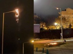 Nocą zaczęła się palić latarnia. Płonące elementy spadały na jezdnię