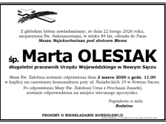 Nie żyje Marta Olesiak. Wieloletni pracownik Urzędu Wojewódzkiego w Nowym Sączu