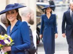 Księżna Kate w granatowej kreacji i GIGANTYCZNYM KAPELUSZU pojawiła się w Opactwie Westminsterskim u boku Williama (ZDJĘCIA)