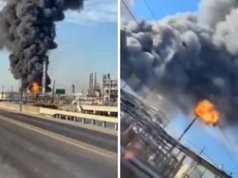 Eksplozja w rafinerii Valero w Port Arthur. Widać słup ognia