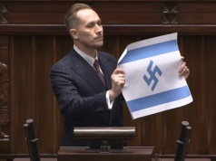 Poseł pokazał flagę Izraela ze swastyką. „Ohydny akt”
