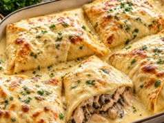 Skuś się na faszerowane naleśniki z kurczakiem, pieczarkami i serowym sosem