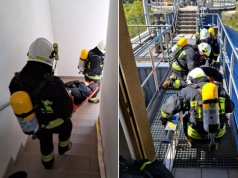 Pożar i ewakuacja na wysokości. Strażackie ćwiczenia na terenie oczyszczalni