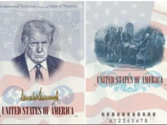 Paszport z wizerunkiem i złotym podpisem Trumpa