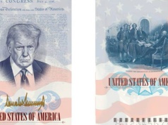 Amerykańskie paszporty z Donaldem Trumpem. W środku złote litery