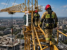 Strażacy ćwiczyli na 47-metrowym dźwigu nad dawnym Miastoprojektem (Galeria)