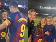 Zapłakana Anna Lewandowska rzuciła się w ramiona Roberta podczas jego pożegnania na Camp Nou. Nie zabrakło Klary i Laury (WIDEO)