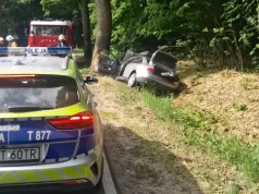 Wypadek na DW 527. Audi uderzyło w drzewo, ranna kobieta trafiła do szpitala