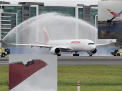 Ale urwał! Wóz strażacki poważnie uszkodził nowego Airbusa A350 podczas uroczystego salutu wodnego na lotnisku