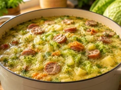 Sezonowa zupa z młodej kapusty z ziemniakami, frankfurterkami i mascarpone