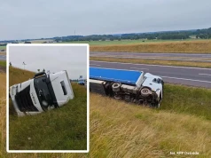 Tir w rowie na S7. Kierowca stracił panowanie przez złe samopoczucie