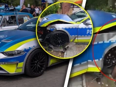 Policyjny Mustang rozbity. Radiowóz uderzył w ogrodzenie