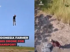 Rolnik z Indonezji zawisł pod wielkim dronem i przeleciał 1,5 kilometra nad polami. Nagranie obiegło świat