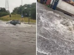 Zalane ulice w Bydgoszczy. Ściana deszczu nad miastem