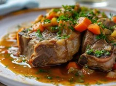 Miękkie i delikatne mięso podaję w aromatycznym sosie. Rozpływa się w ustach i jest pełne kolagenu