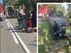 Groźne dachowanie na DK58 koło Olsztynka. Trzy osoby w szpitalu po nieudanym wyprzedzaniu