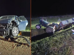 Osobówka trzasnęła w tył przyczepy rolniczej. Kierowca ciągnika wypadł z maszyny