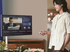 To przenośny ekran dotykowy od Samsunga. Ma podstawę na kółkach