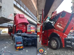 Rozerwana kabina po przejeździe przez parking – TGX zahaczył o most nad Dunajem