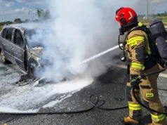 Pożar samochodu na trasie w Palmiry. Auto doszczętnie spłonęło