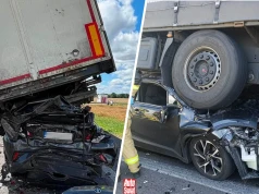 Toyota wepchnięta pod naczepę tira. Szokujący widok, ale auto wytrzymało