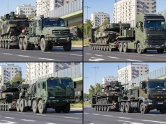 Wojskowe ciągniki z naczepami na powrocie z defilady: Zetrosy, FH16, Jelcze i Trakkery