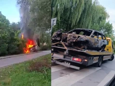 Przesadził z prędkością na lokalnej drodze. Auto dachowało i stanęło w płomieniach