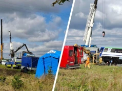 Ciężki sprzęt usuwa skutki katastrofy kolejowej w Sokolnikach Suchych