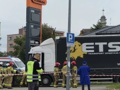 Ciężarówka wjechała w pylon stacji paliw. Kierowca był reanimowany