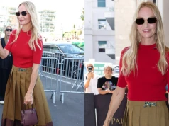 Uma Thurman na pokazie Prady. Jej stylizacja to hit dla kobiet po 50-tce